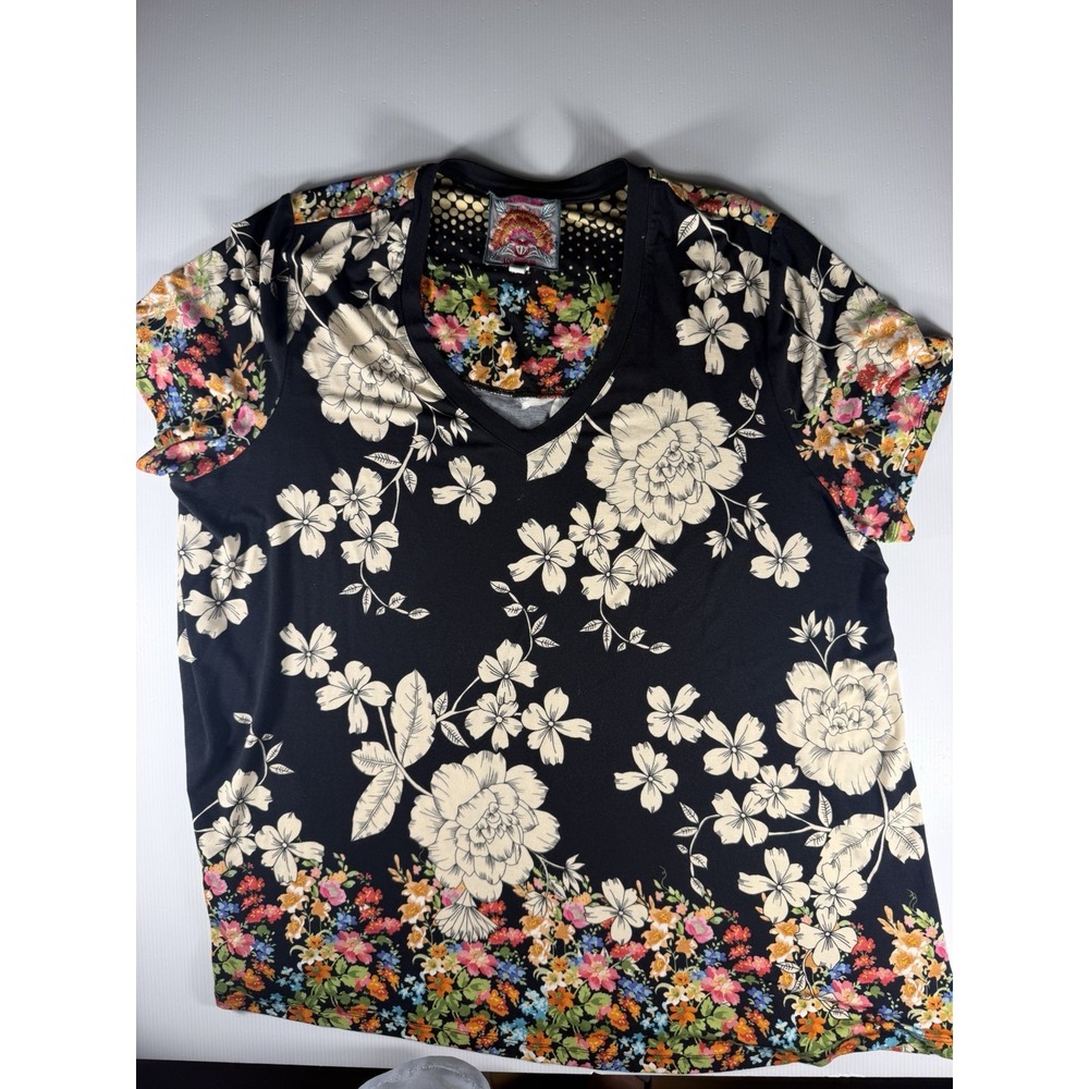 Johnny Was Los Angeles Womens 2X Black Floral V Neck Stretch Tunic Top